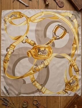 CELINE Paris Vintage Silk Scarf Equestrian Carriage Sulky Buckle Beige 86cm